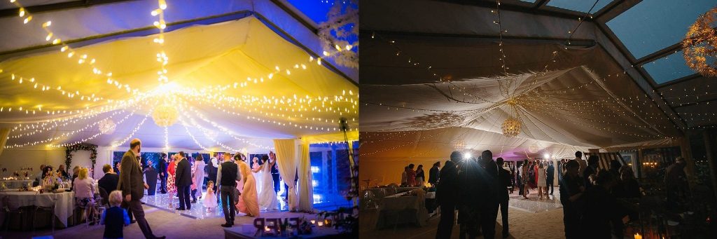 dartmoor wedding marquee evening fairy light canopy