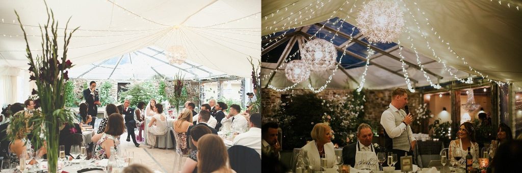 Dartmoor wedding marquee interior fairy light canopy