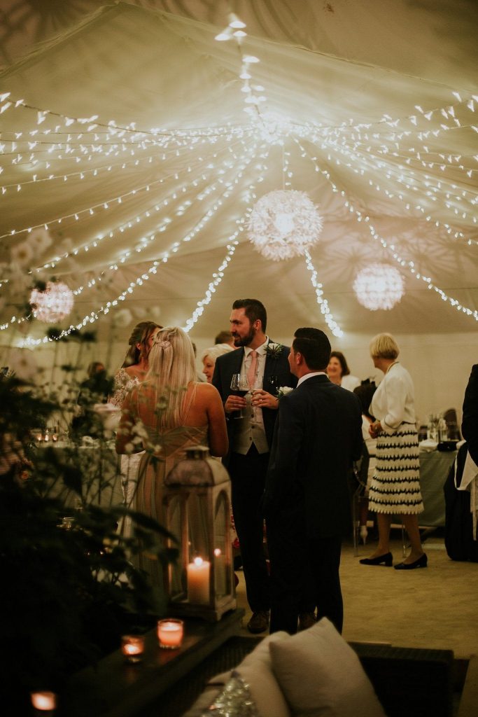 dartmoor wedding marquee interior fairy light canopy