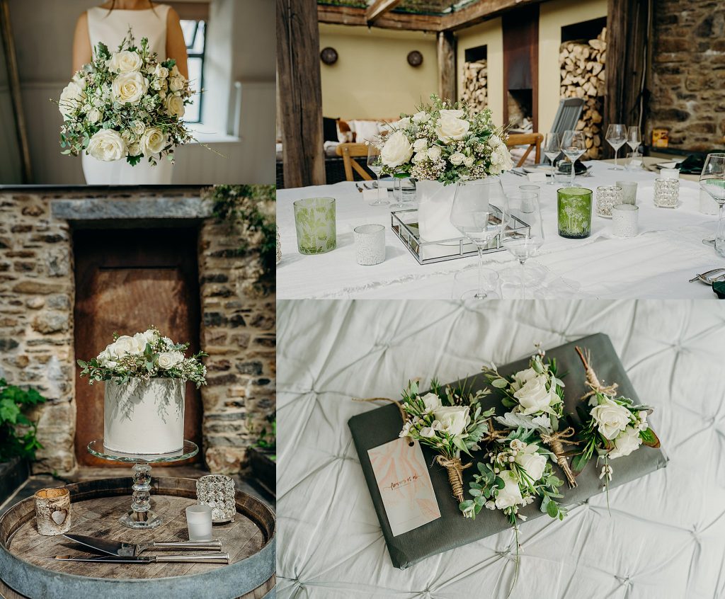 a montage of 4 photos of an elegant white & green April elopement wedding on Dartmoor