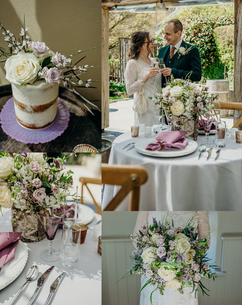 montage of 4 photos of a cream and lilac April elopement wedding with no guests