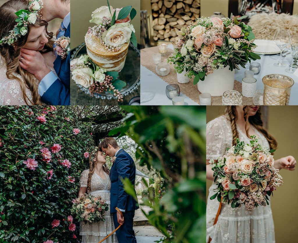 montage of 5 photos from a spring wedding with peach and apricot flowers