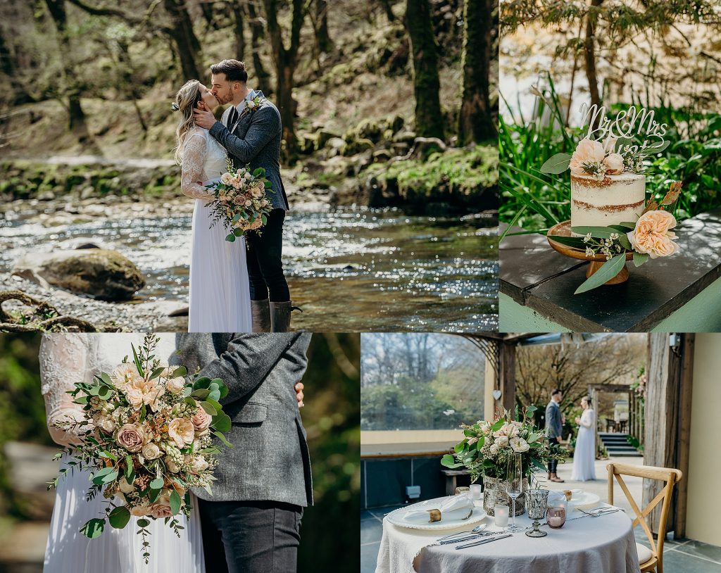 montage of 4 photos from an April elopement wedding on Dartmoor with apricot colours