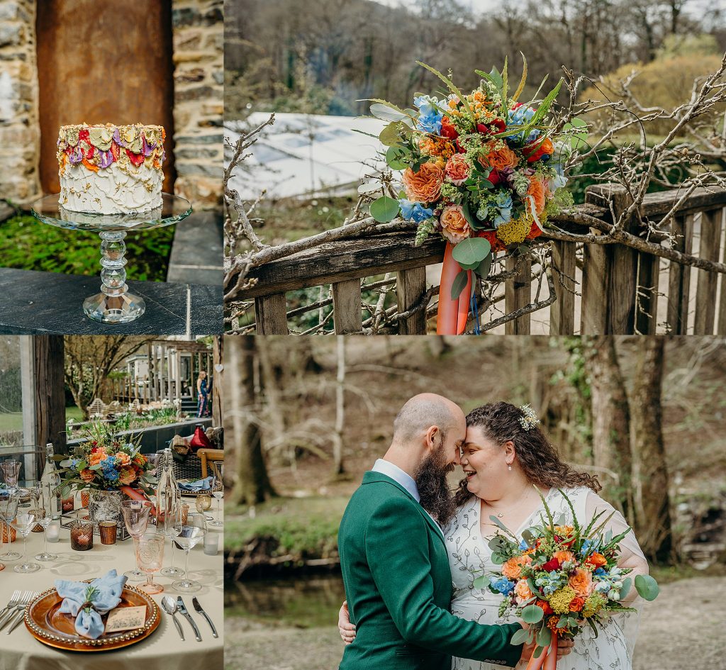 montage of 4 photos of an April elopement wedding on Dartmoor with bright mix colour flowers