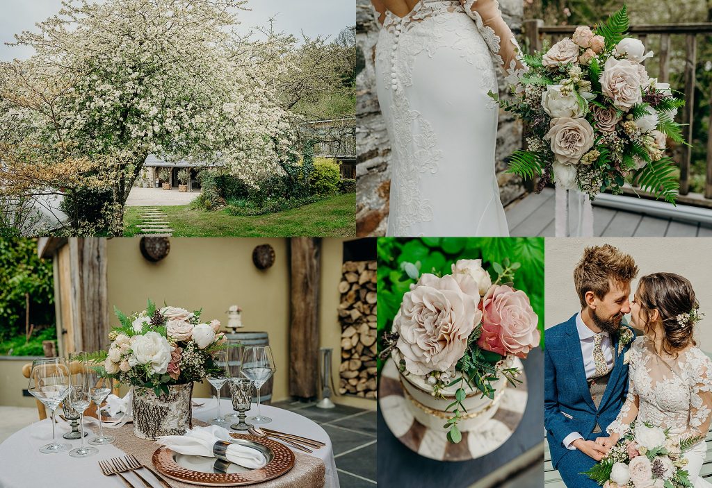 a montage of 4 photos of an elopement wedding in spring with blossom and blush nude colours