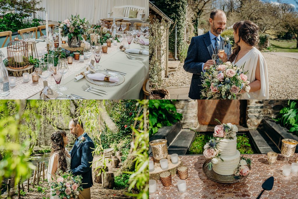montage of 4 April wedding photos with decadent woodland theme