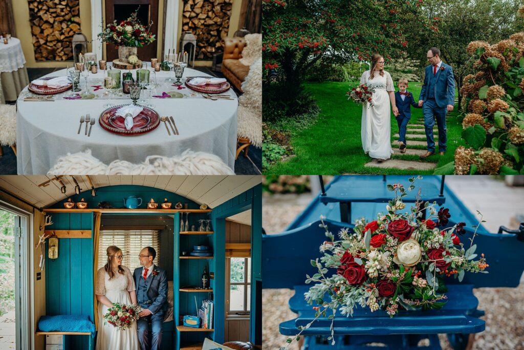 collage of four photos of a wedding with dark red and white flowers, a tablescape in front of a fire with the same colours and shots of a wedding couple outdoors and sitting in a shepherd's hut