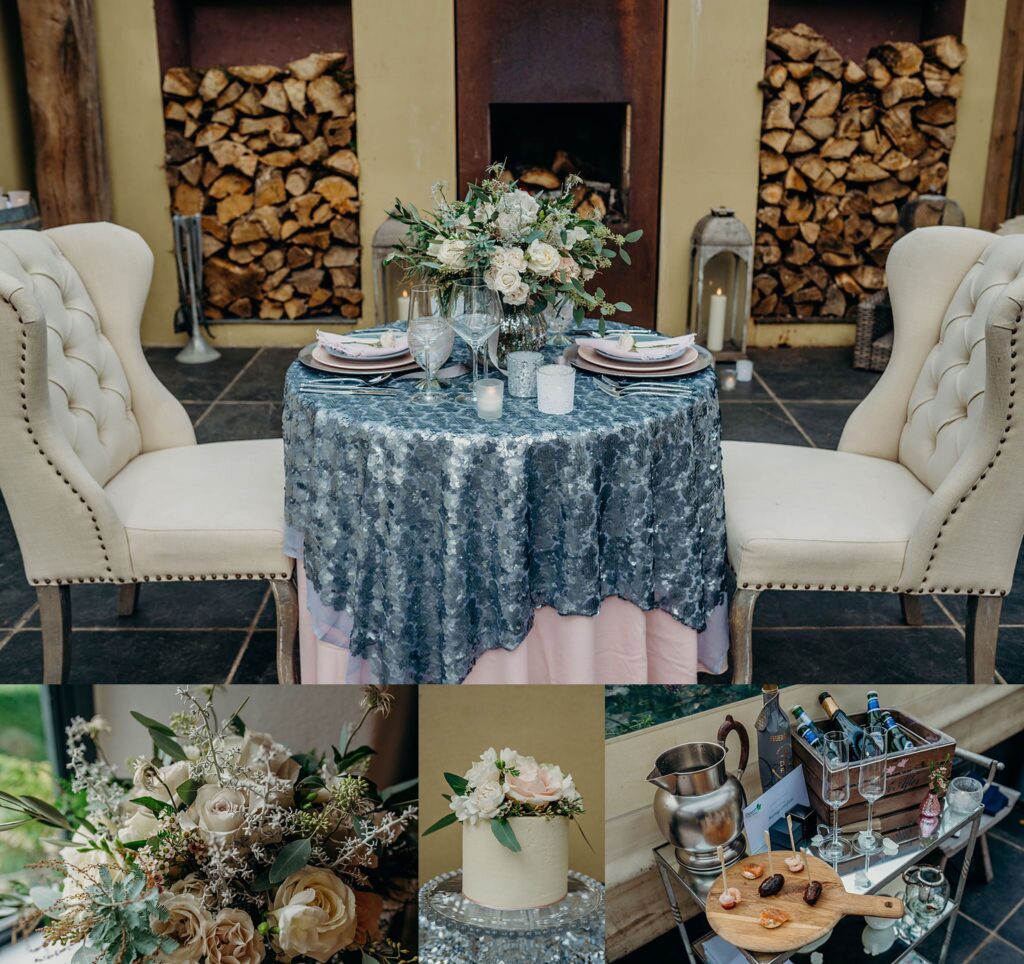 collage of four wedding photos showing sweetheart table with silver sequin tablecloth white and blush flowers and tiny wedding cake dressed in fresh flowers with silver drinks trolley set for two