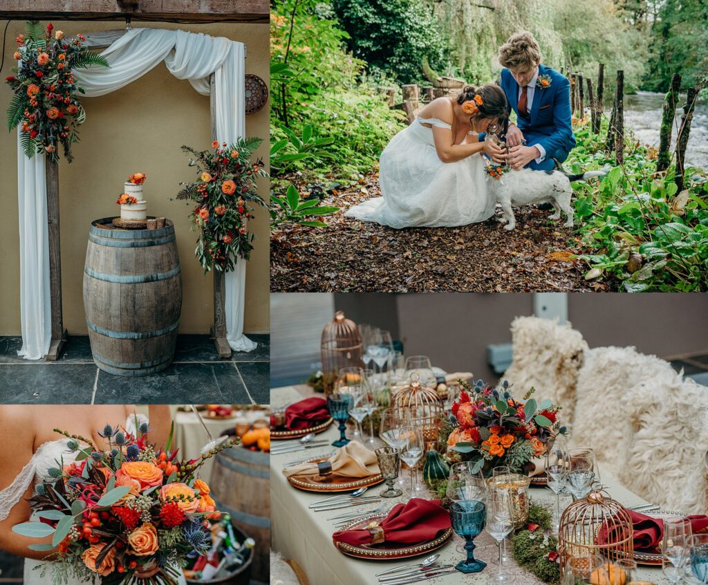collage of four wedding photos showing orange and red flowers a jack russell with a flower collar wedding tablescape of red orange and blue with sheepskin covered chairs a mini wedding cake on an oak barrell in front of a wooden arch draped with fabric and flowers