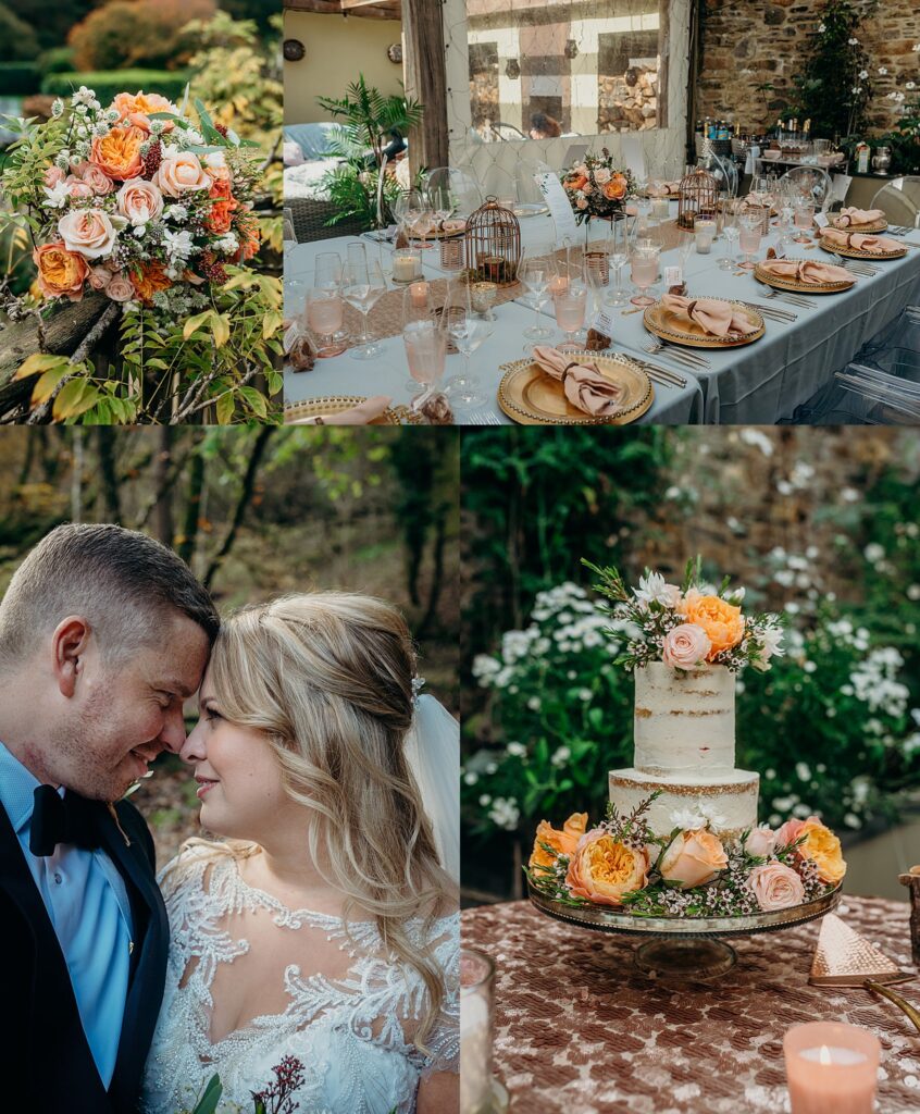 collage of four wedding photos showing peach and apricot bridal bouquet, bride and groom close up touching foreheads tablescape and semi naked wedding cake dressed with fresh flowers
