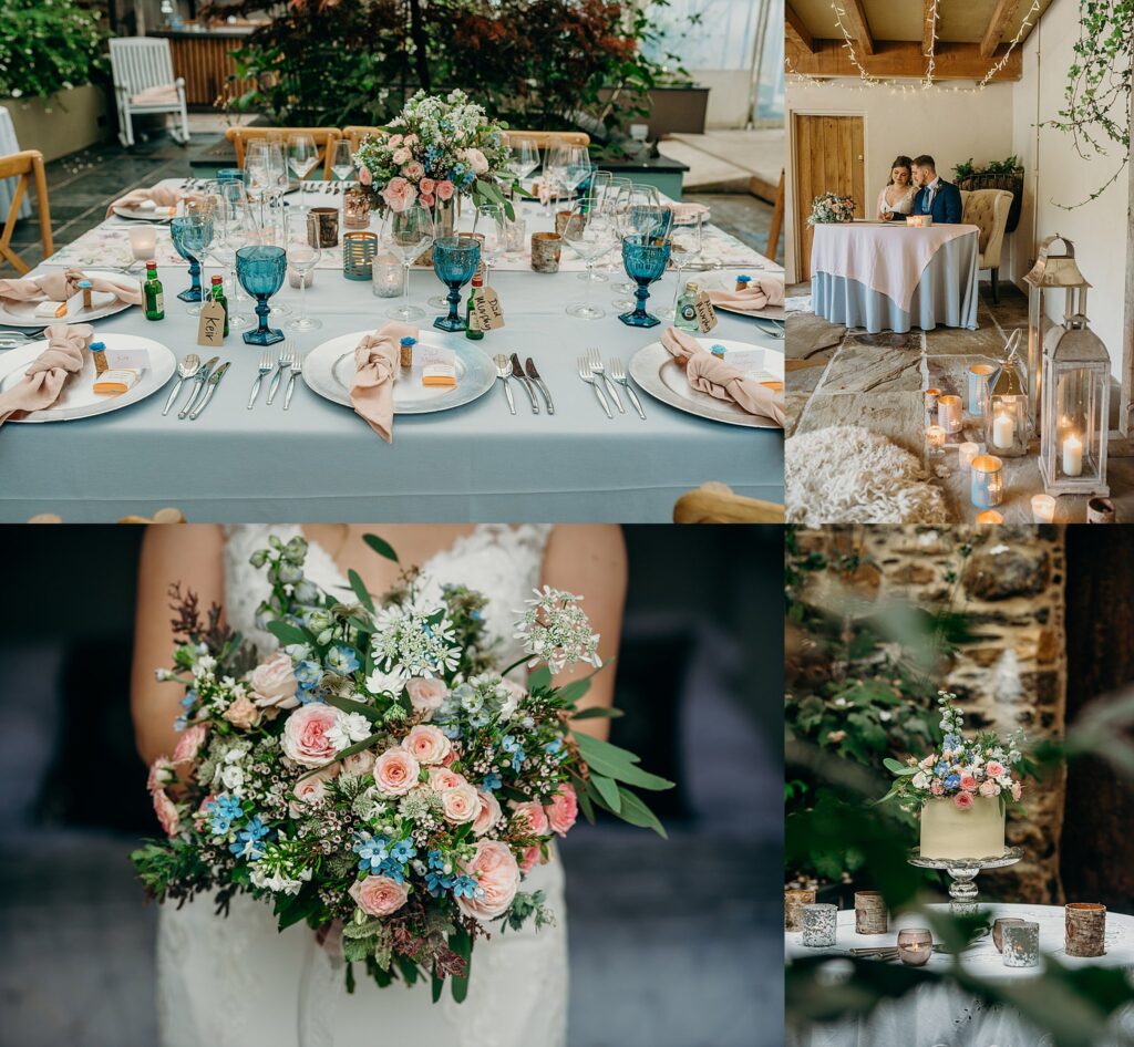collage of four wedding photos showing pink and blue flowers, bride and groom at registrar's table with candles and sheepskin rugs, wedding cake with fresh flowers and wedding tablescape in pinks and blues 