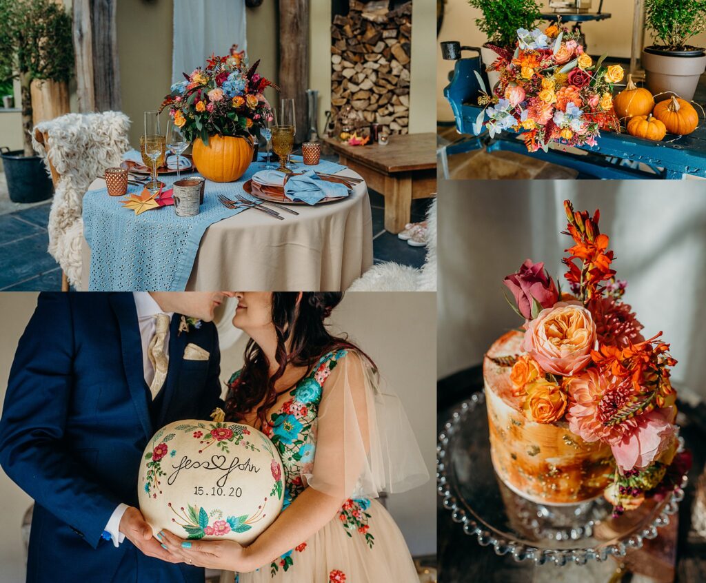 collage of four wedding photos featuring pumpkins and orange and blue flowers, wedding couple holding hand decorated pumpkin 