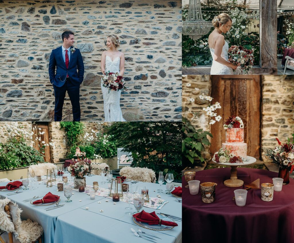 collage of four wedding photos bride and groom stood looking at each other in front of a stone wall burgundy bouquet cake table with hand painted cake decorated with fresh flowers covid distanced wedding table set up