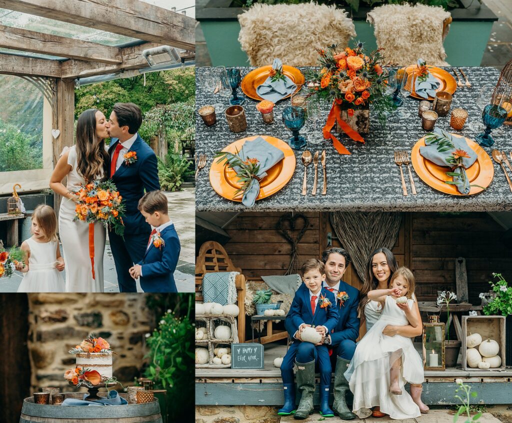 wedding photos of bride and groom and their two children orange flowers semi naked wedding cake and tablescape in orange and grey