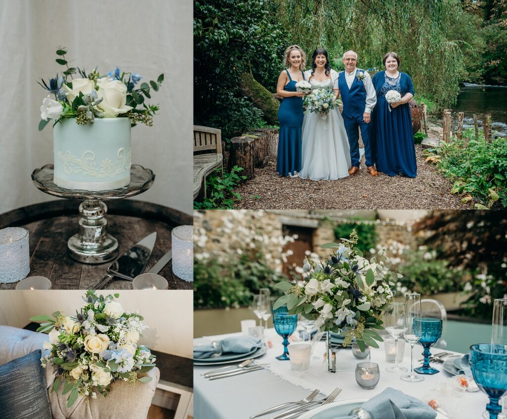 collage of four wedding photos with white and blue colour theme