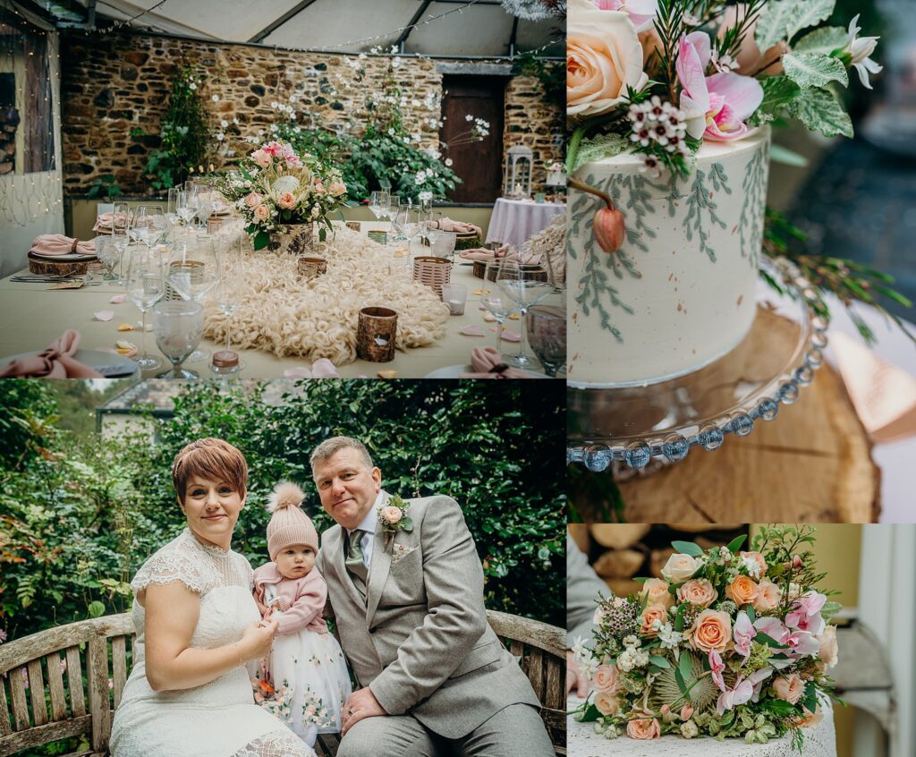 collage of four autumn wedding pictures with soft peach colours hand painted wedding cake sheepskin rug on dining table and couple with baby in bobble hat 