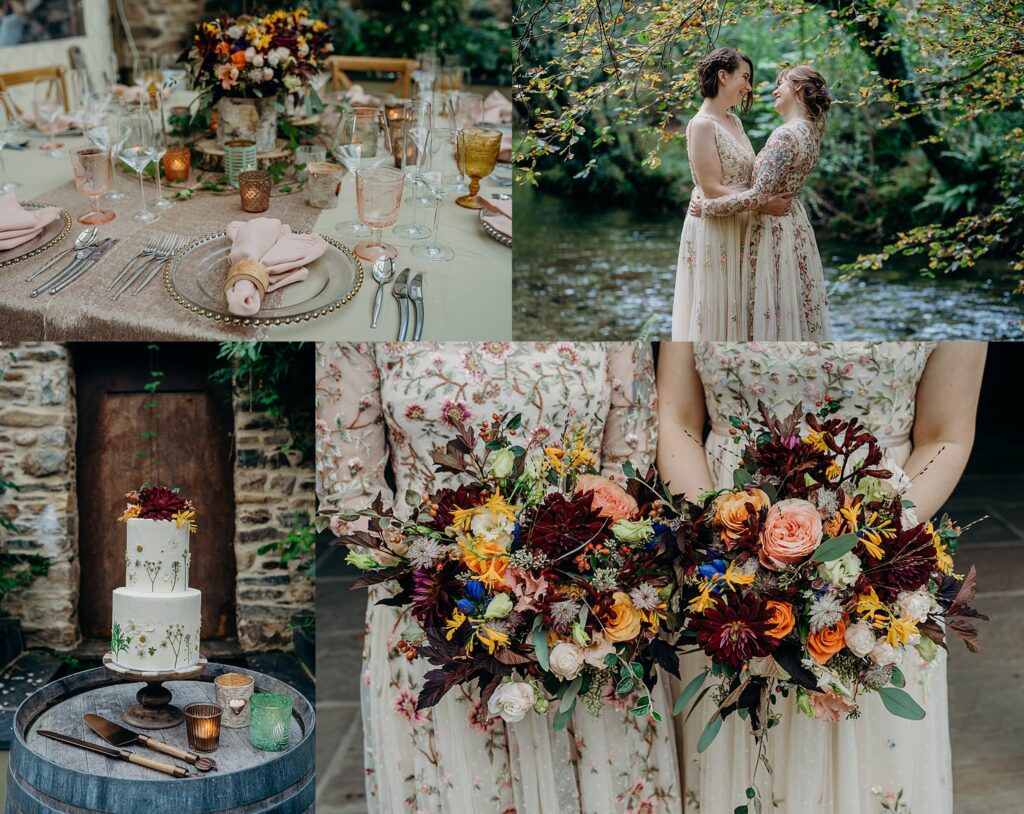 collage of four autumn two bride outdoor wedding photos with burgundy peach colours, embroidered wedding dresses wedding cake with fresh flowers and tablescape