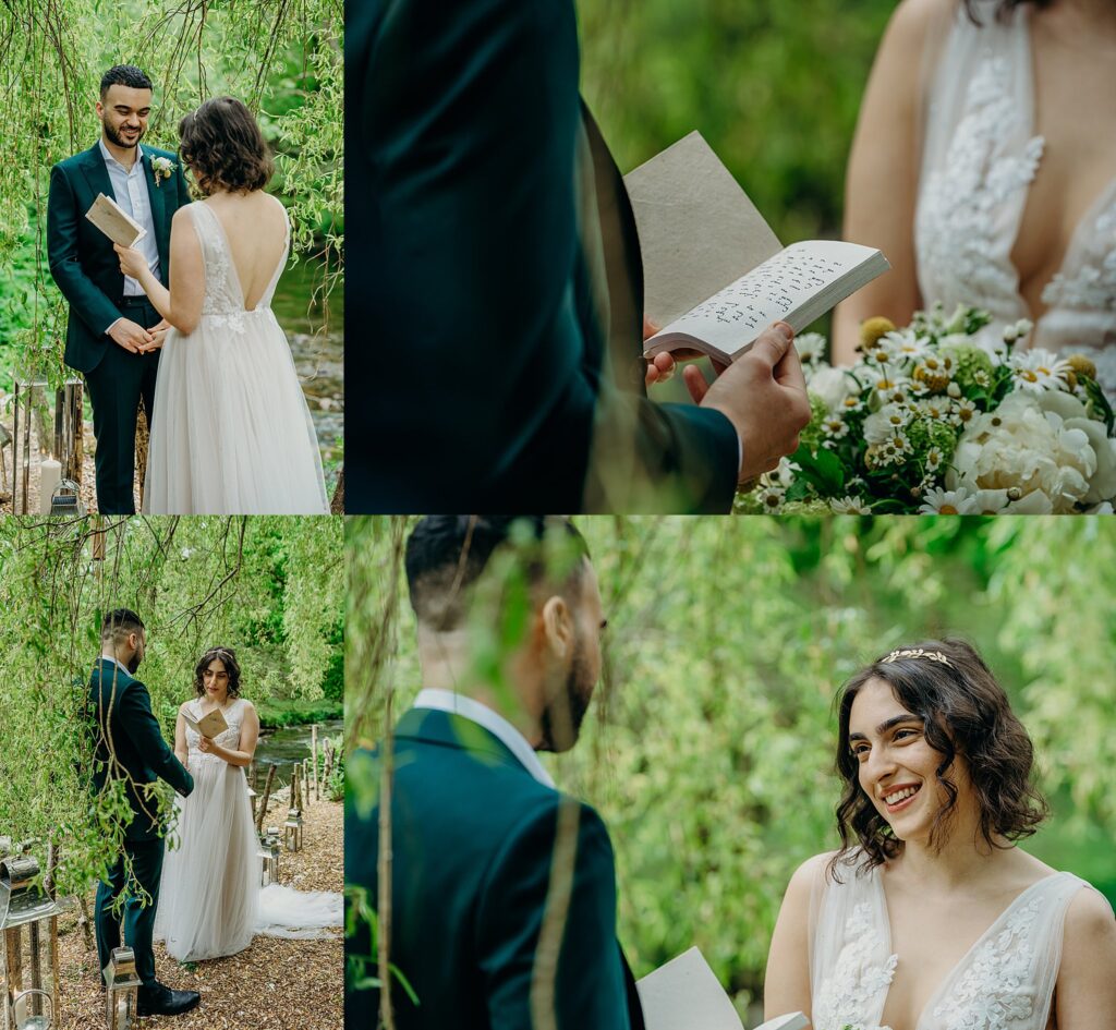 collage of wedding ceremony photos of couple reading written vows to each other