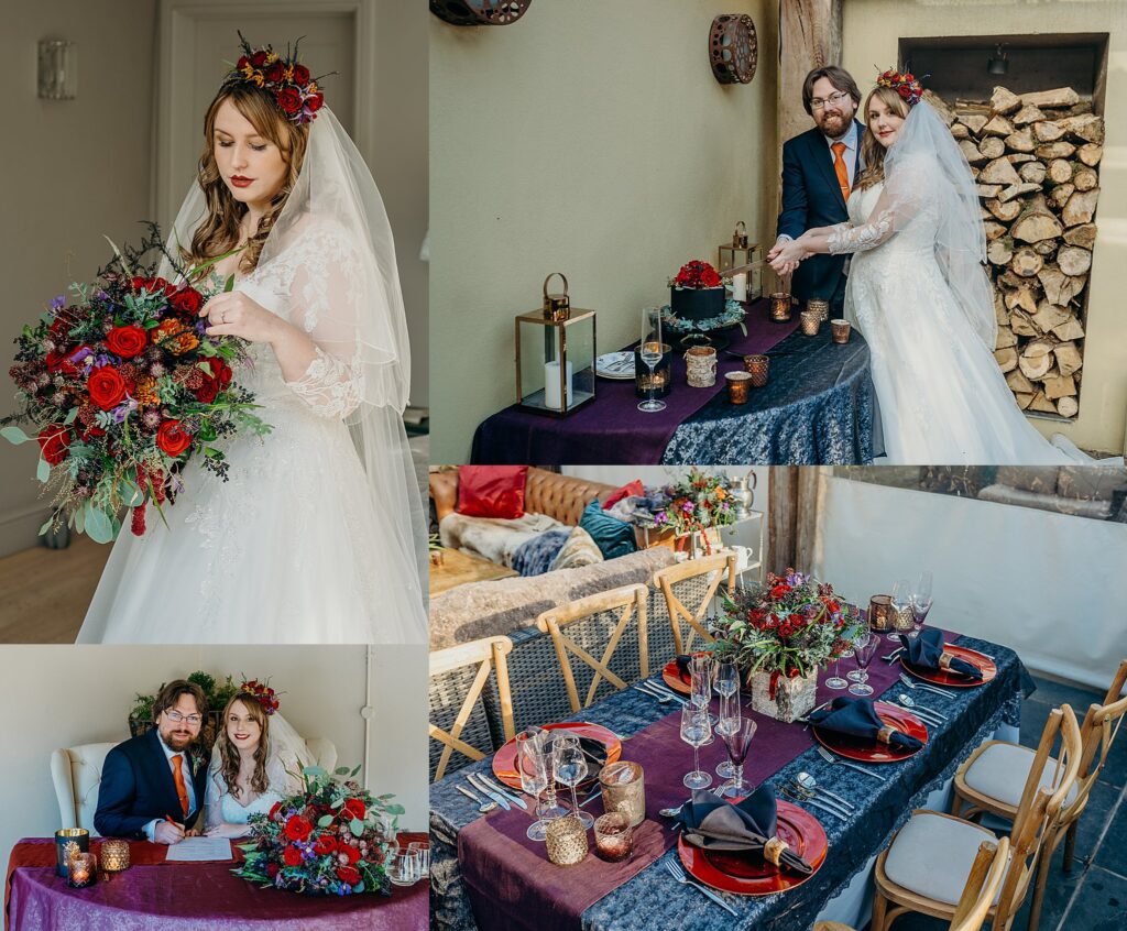 winter elopement weddings - dark red and berry colours with bridal rose flower crown