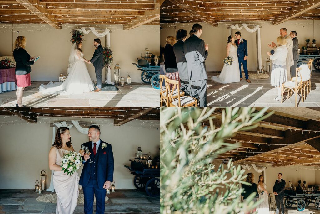 collage of four photos of couples getting married in an oak wedding barn