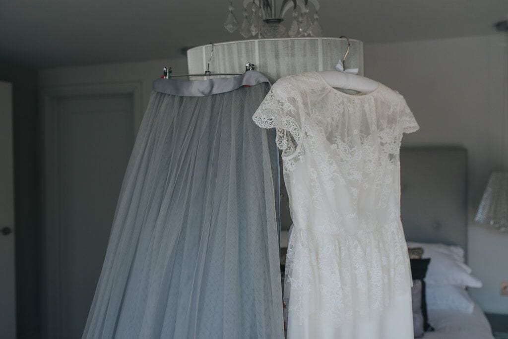 two piece wedding dress with lace bodice and grey chiffon skirt