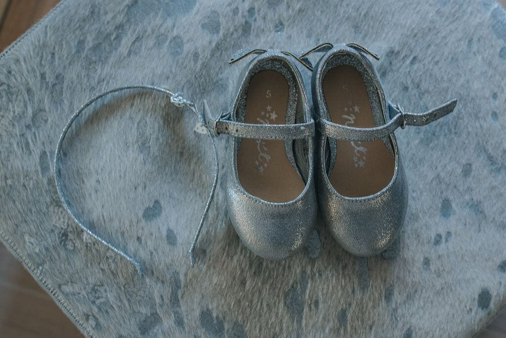 real elopement bride's daughter's silver shoes and headpiece 
