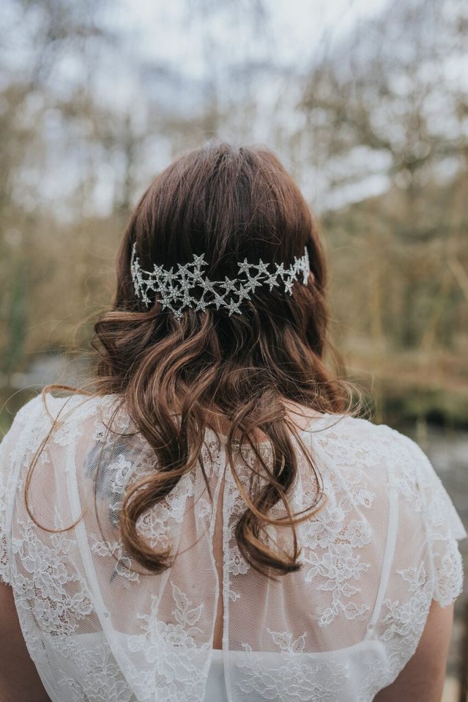real elopement accessories; bride's silver sparkly headpiece