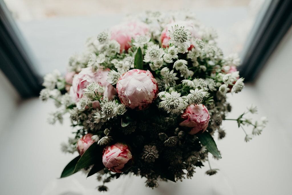 pink green and ivory bridal bouquet 