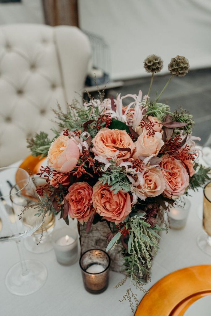 autumn styling bridal bouquet on table