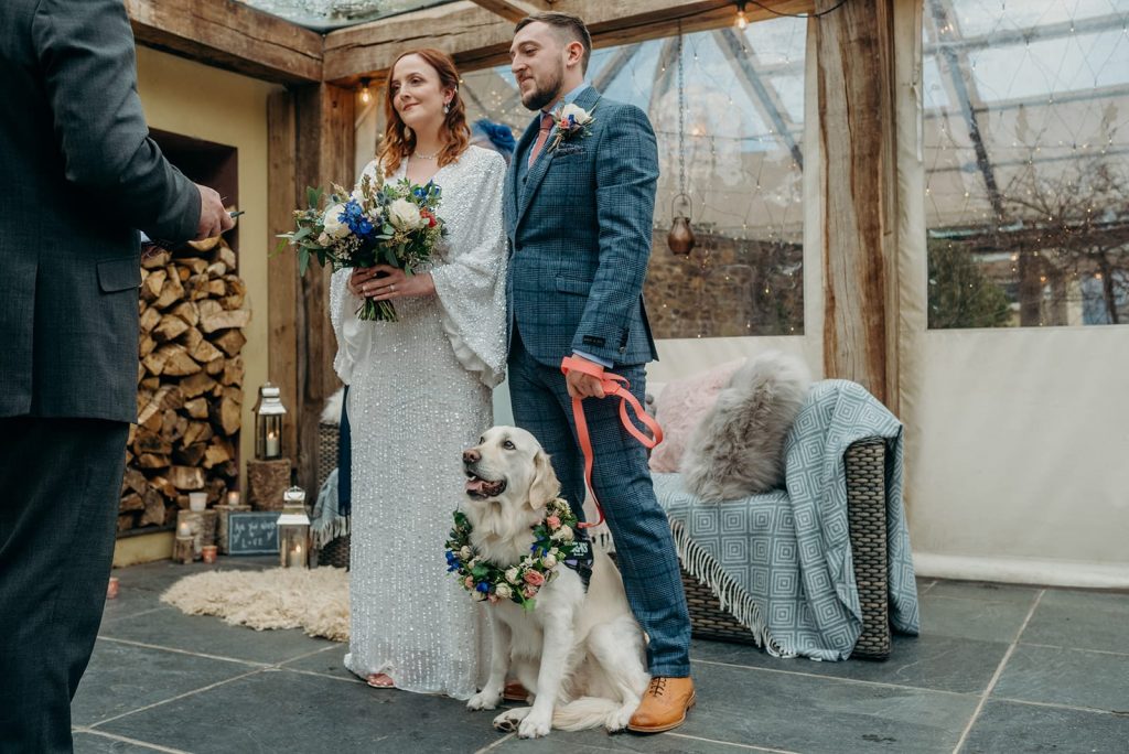 a bride and groom getting married with a gold retreiver dog wearing a flower collar being held by the groom on a lead
