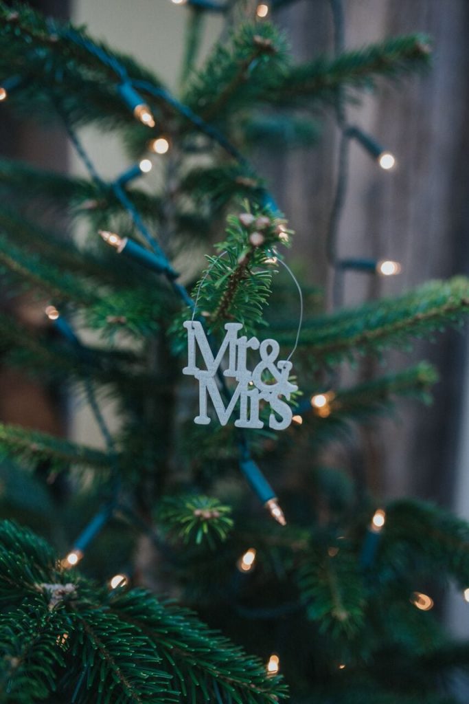 close up of the mr and mrs sign on the christmas tree