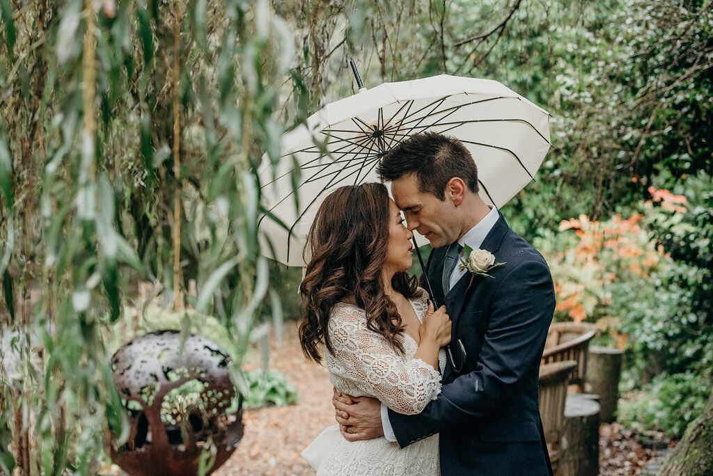 bride and groom under umbrella supreme style 