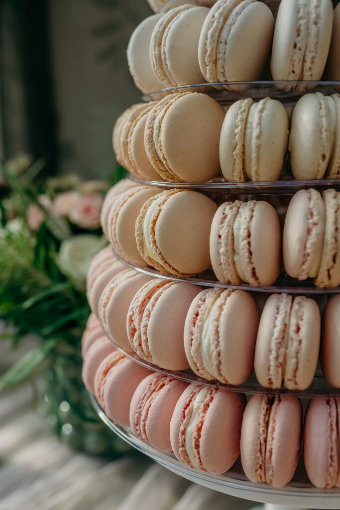 close up of stack of ombre pink macarons