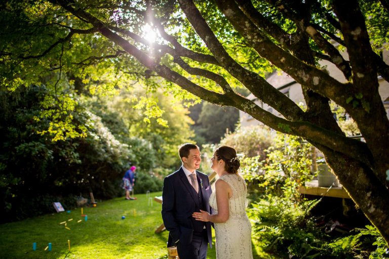 bride & groom evening sunlight under tree